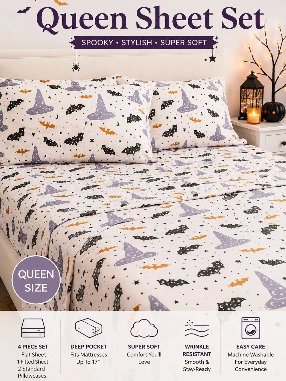 Spooky Witch Hat & Bat Queen Sheet Set - White